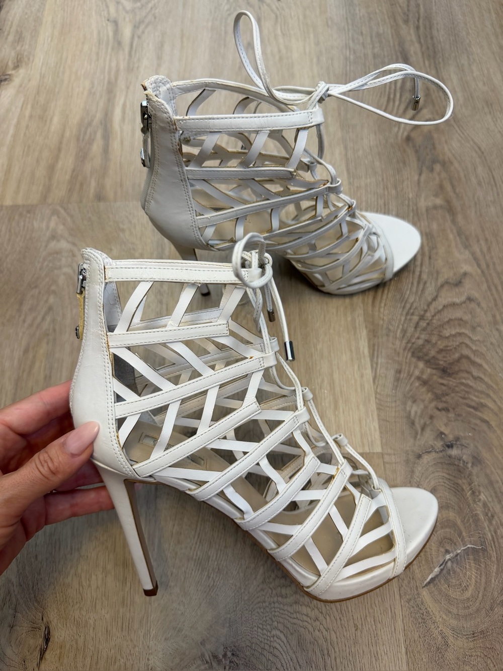 Guess White Lace-Up Cage High Heel Sandals